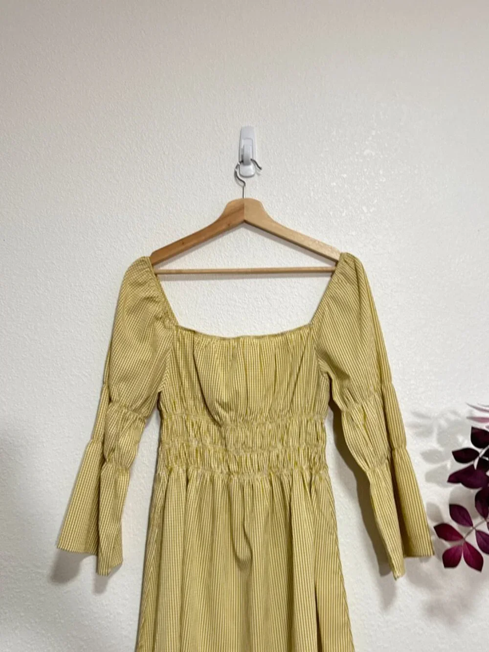 LULUS Lunch Date Mustard Yellow Gingham Bell Sleeve Mini Dress Medium - Picture 5 of 8